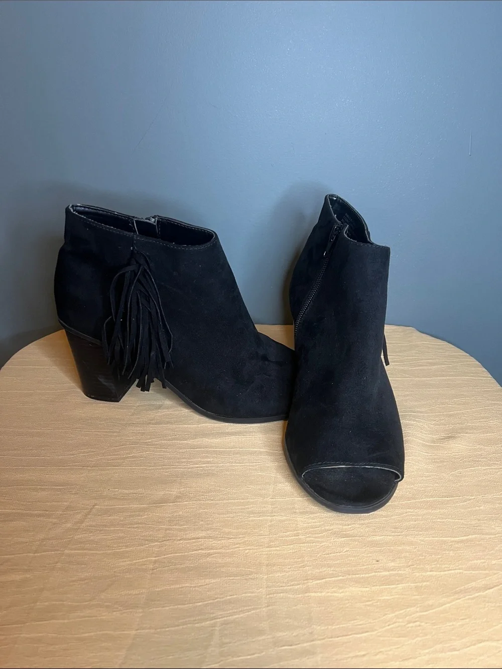 new directions Black Suede Peep-Toe Ankle Booties with Fringe